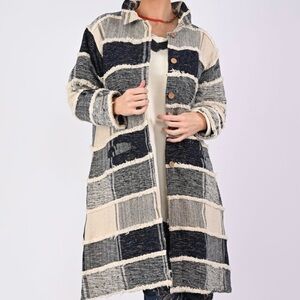 Striped navy and cream with gold lurex threads for a pop!